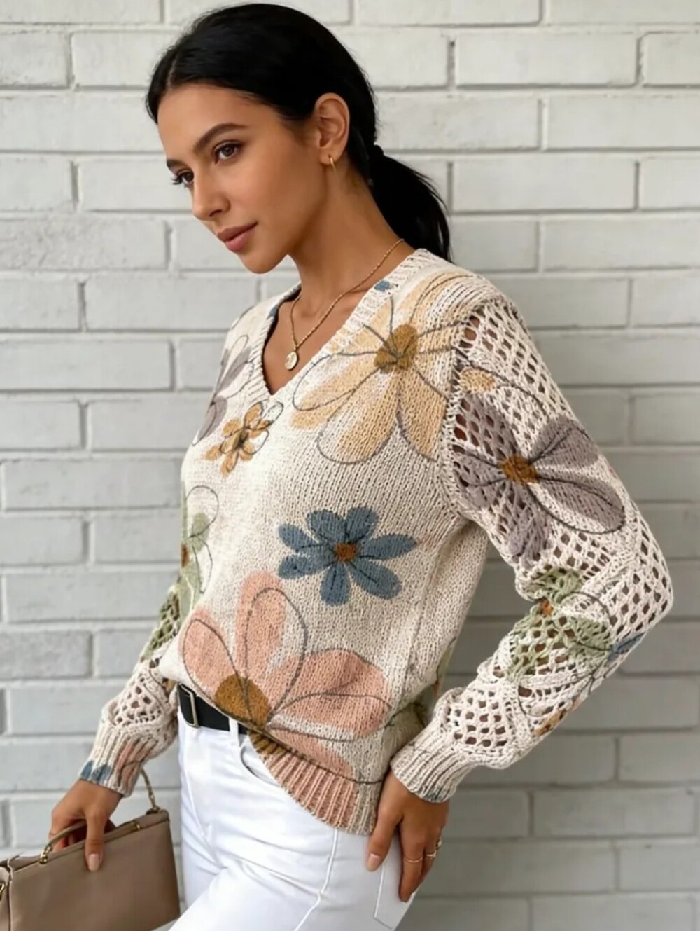 Floral Crochet V-Neck Sweater in Cream and Pastel Tones